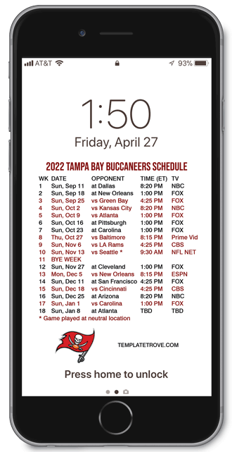 2022 Tampa Bay Buccaneers Lock Screen Schedule