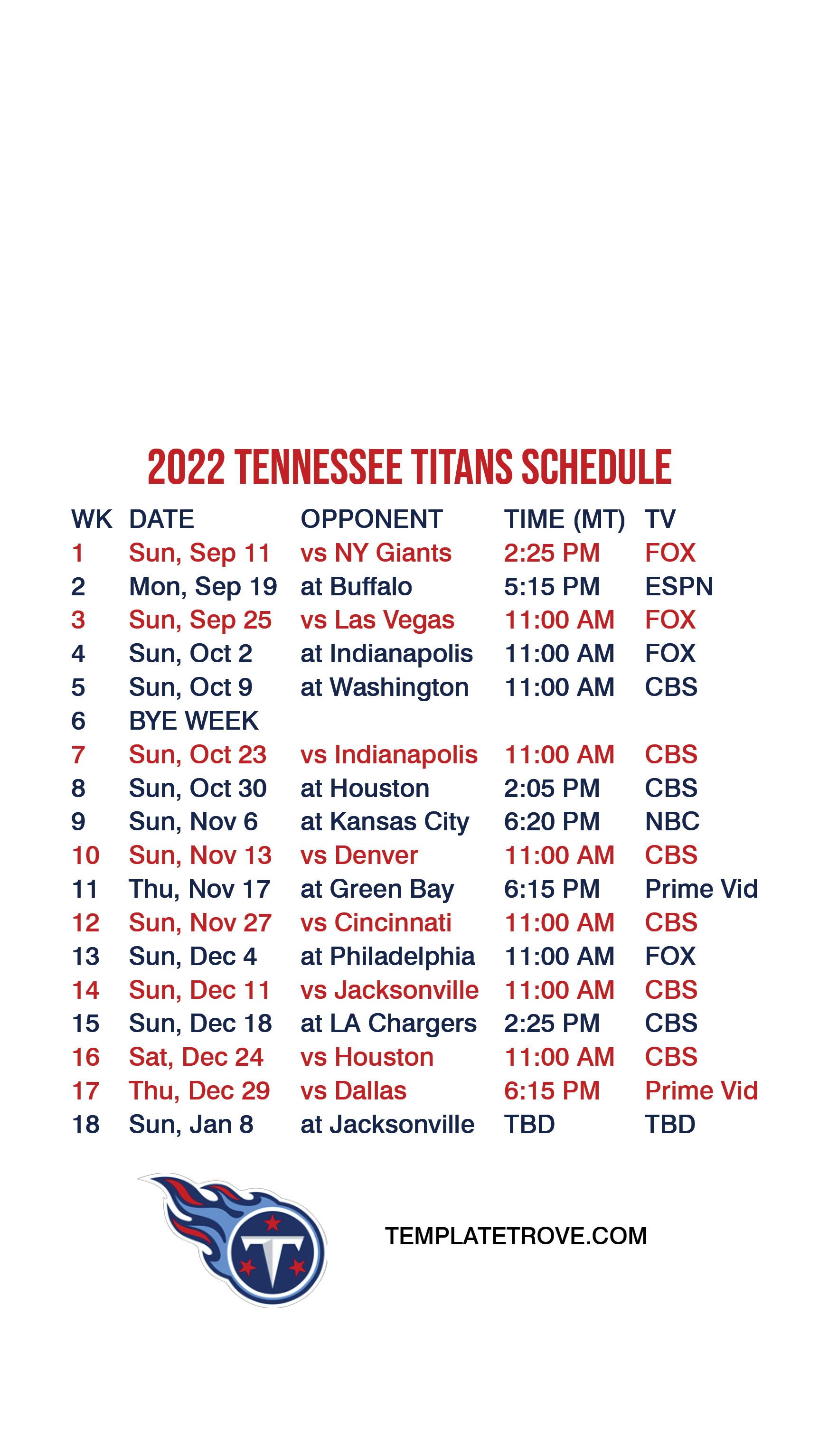Tennessee Titans Schedule 2022 