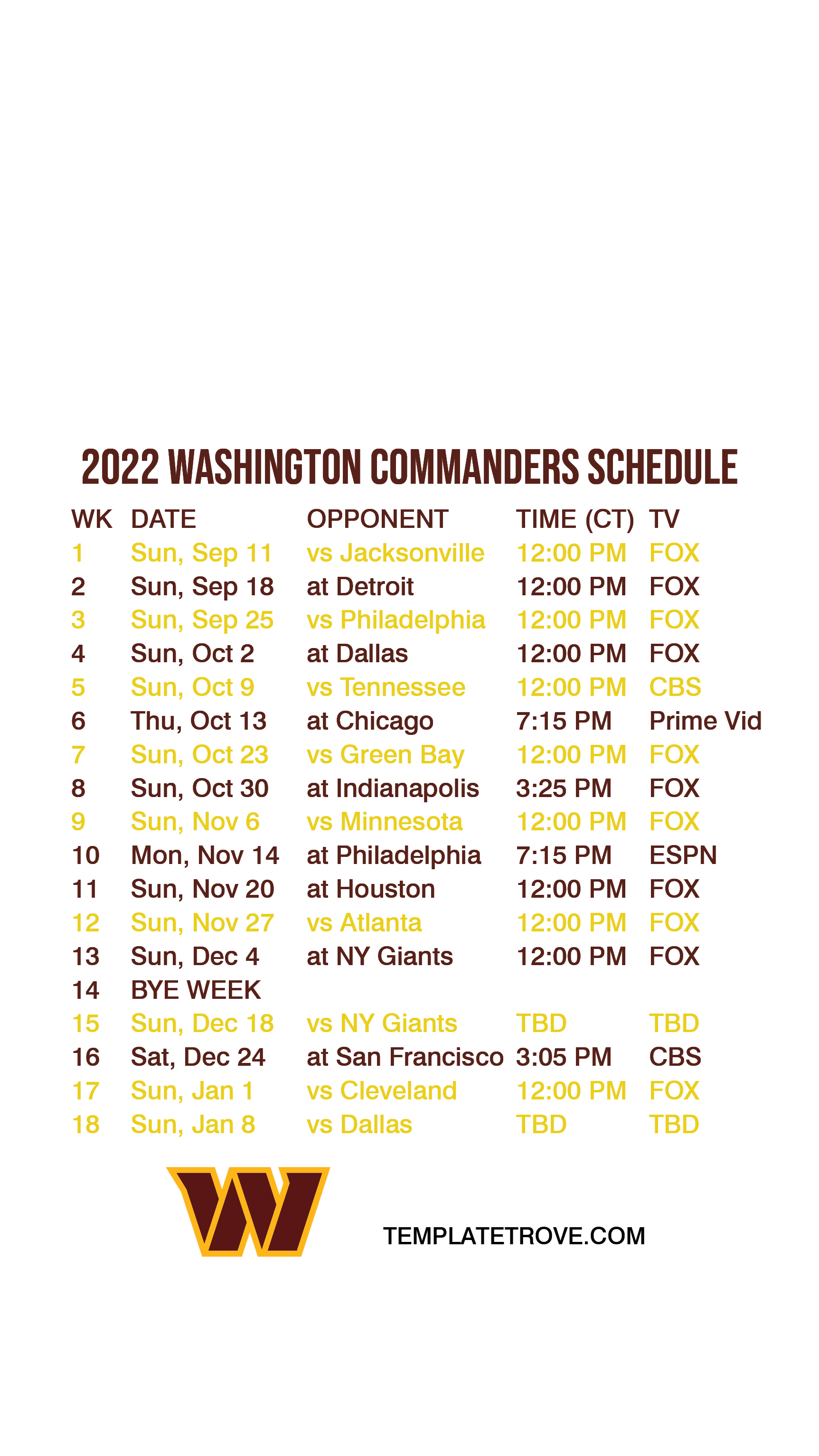 washington commanders team 2022 schedule