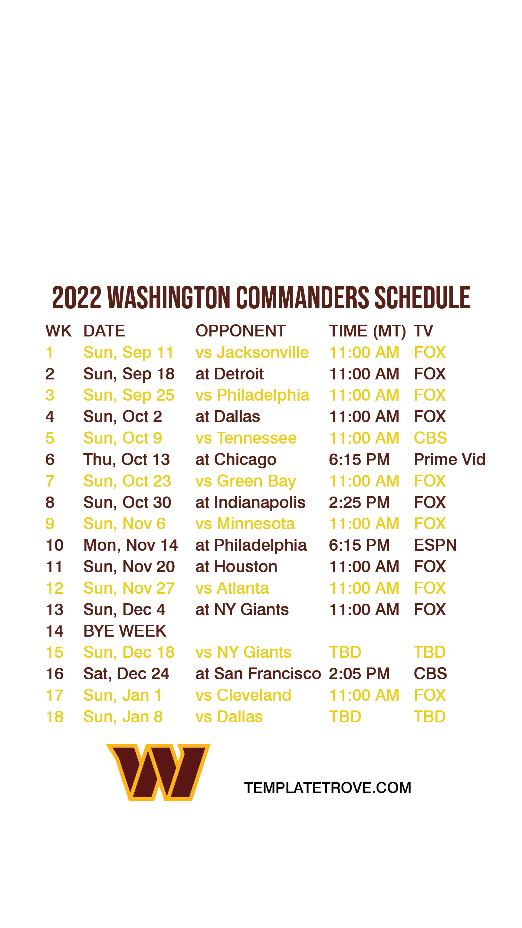 Washington Commanders Printable Schedule At Cleveland Browns 7:30 P m
