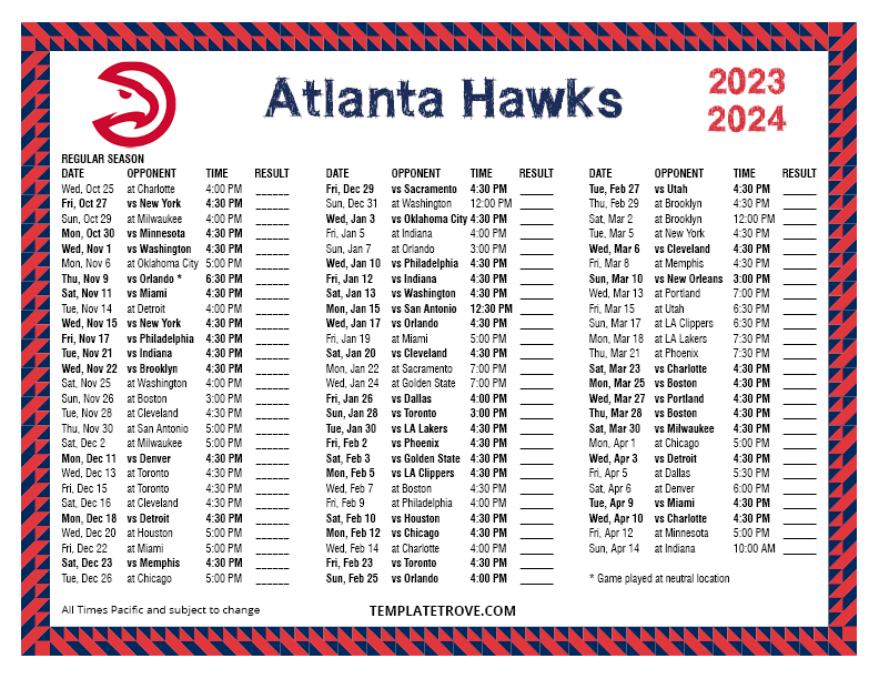 Printable 20232024 Atlanta Hawks Schedule