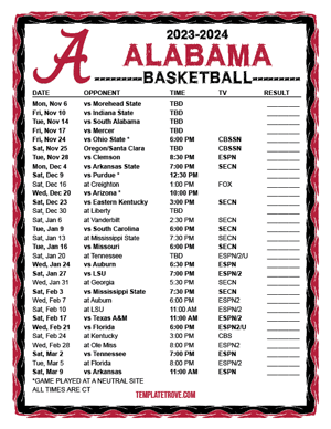 Alabama Crimson Tide Basketball 2023-24 Printable Schedule - Central Times