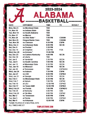 Alabama Crimson Tide Basketball 2023-24 Printable Schedule