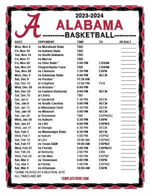 Alabama Crimson Tide Basketball 2023-24 Printable Schedule - Mountain Times
