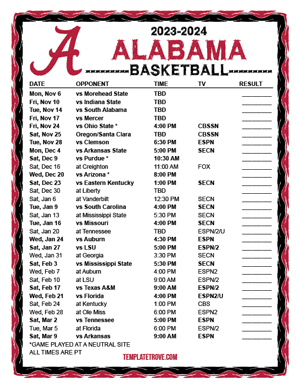 Alabama Crimson Tide Basketball 2023-24 Printable Schedule - Pacific Times