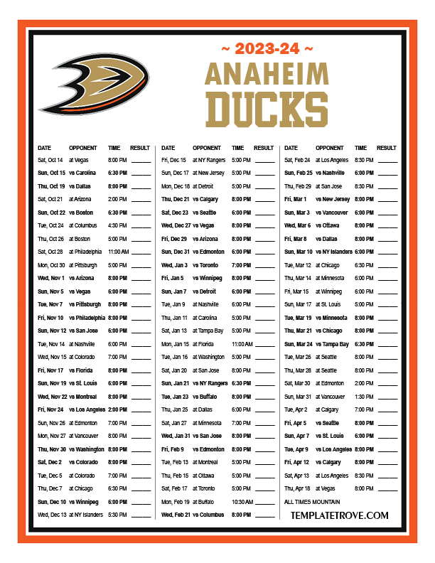 Printable 2023-2024 Anaheim Ducks Schedule