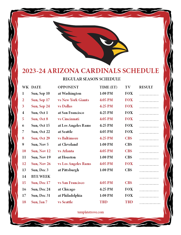 Printable 2023-2024 Arizona Cardinals Schedule
