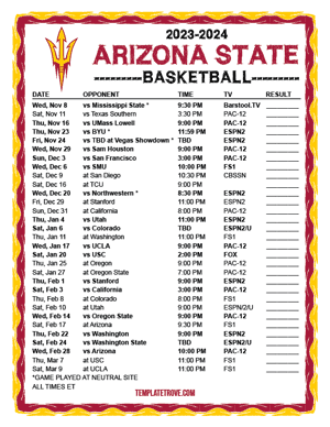 Arizona State Sun Devils Basketball 2023-24 Printable Schedule