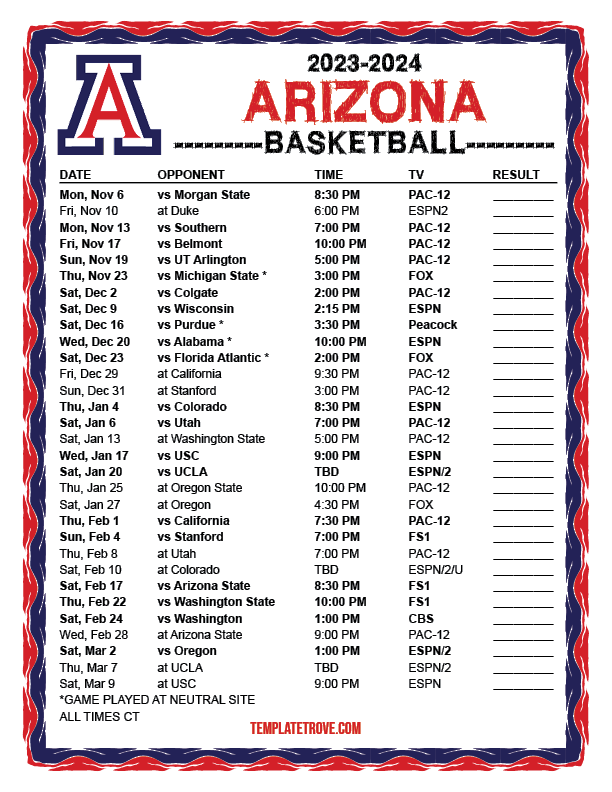 Printable 20232024 Arizona Wildcats Basketball Schedule