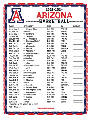 Arizona Wildcats Basketball 2023-24 Printable Schedule