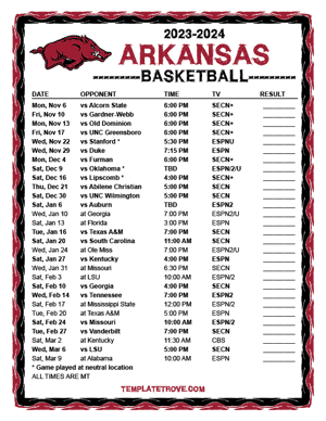 Arkansas Razorbacks Basketball 2023-24 Printable Schedule - Mountain Times