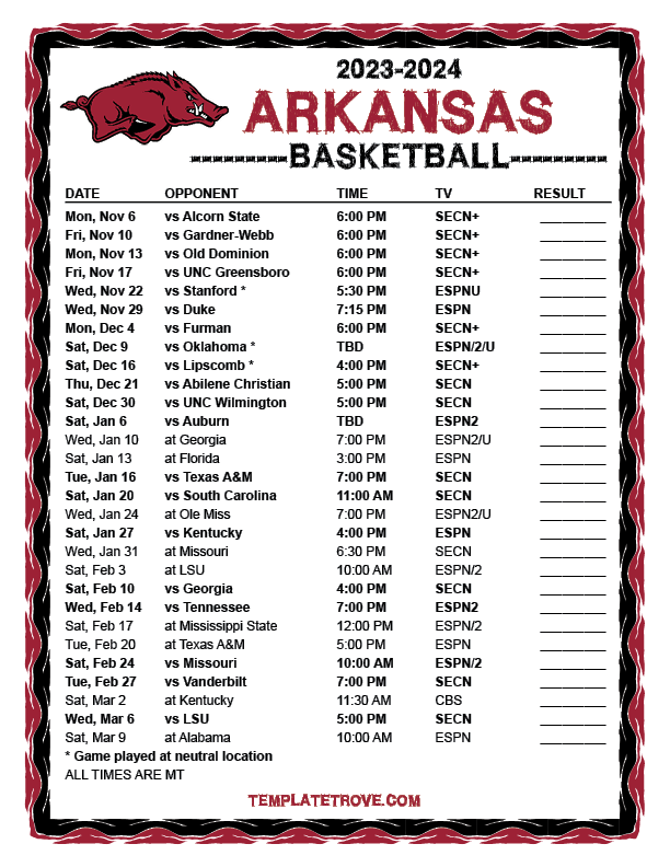 Printable 20232024 Arkansas Razorbacks Basketball Schedule