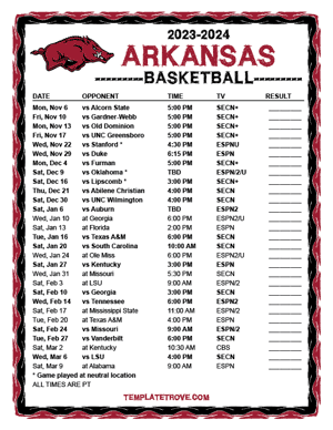Arkansas Razorbacks Basketball 2023-24 Printable Schedule - Pacific Times