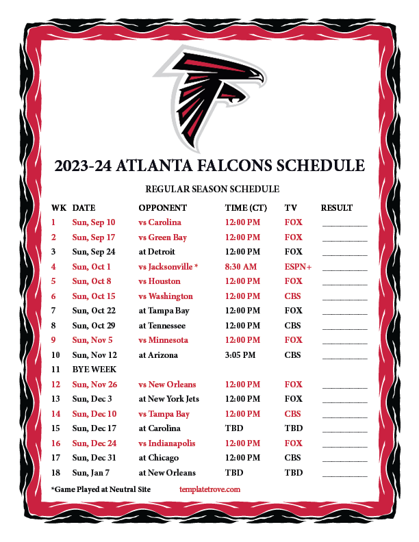 Printable 2023-2024 Atlanta Falcons Schedule