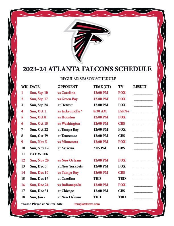 Atlanta Falcons Schedule 2024 Printable Issi Rhetta