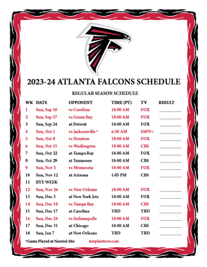 Atlanta Falcons 2023-24 Printable Schedule - Pacific Times