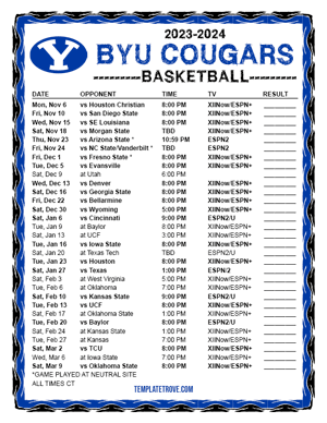BYU Cougars Basketball 2023-24 Printable Schedule - Central Times