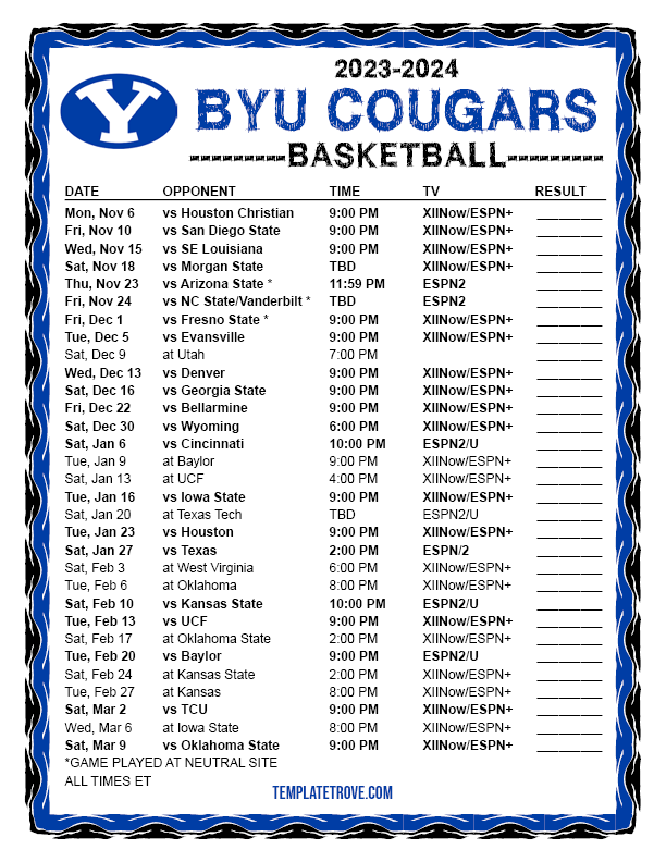 Printable 20232024 BYU Cougars Basketball Schedule
