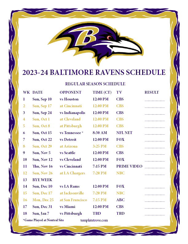 Printable 20232024 Baltimore Ravens Schedule