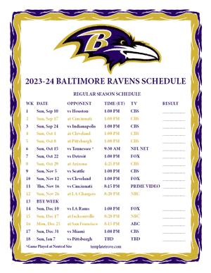 Baltimore Ravens 2023-24 Printable Schedule