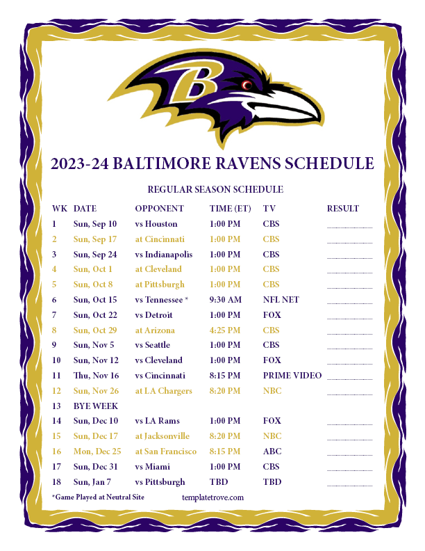 Printable 2023 2024 Baltimore Ravens Schedule