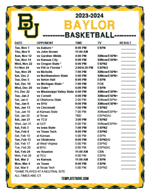 Baylor Bears Basketball 2023-24 Printable Schedule - Central Times