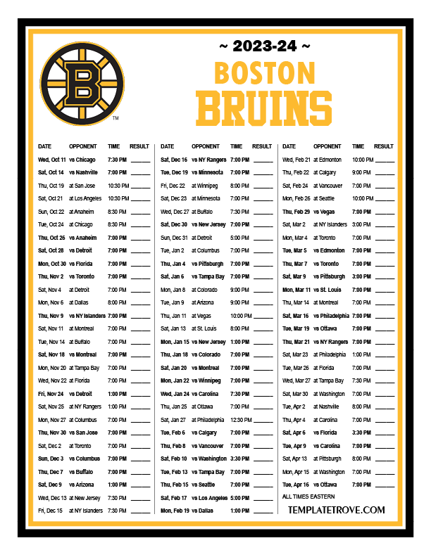 2023 2024 Printable Boston Bruins Schedule ET PNG 