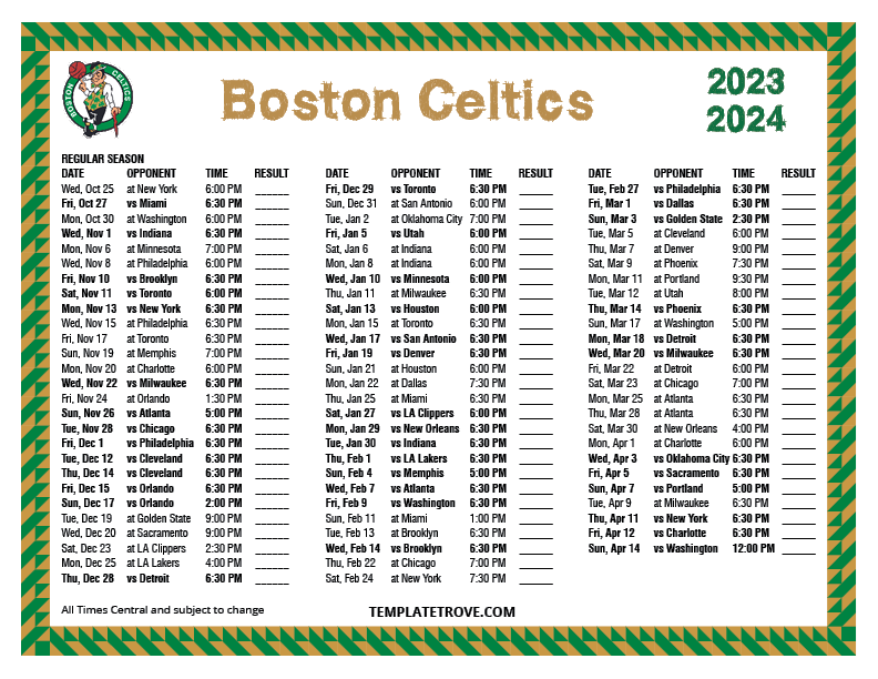 2023 2024 Printable Boston Celtics Schedule Central Times 