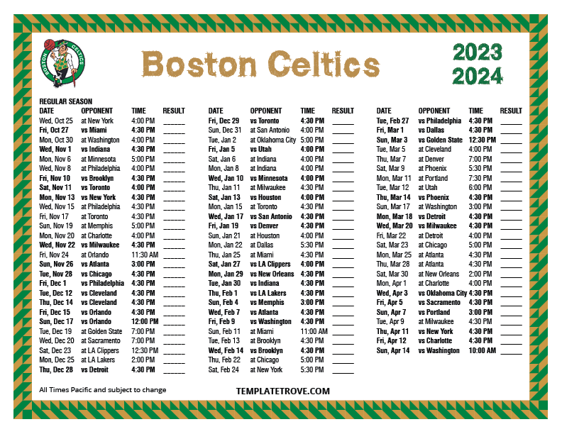 2023 2024 Printable Boston Celtics Schedule Pacific Times 