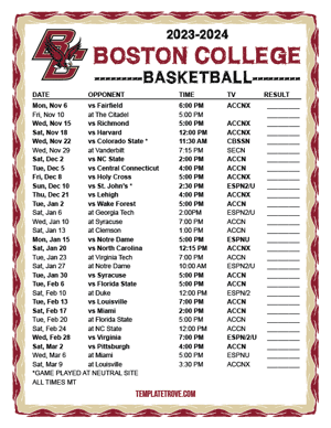 Boston College Eagles Basketball 2023-24 Printable Schedule - Mountain Times