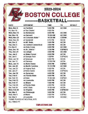 Boston College Eagles Basketball 2023-24 Printable Schedule - Pacific Times