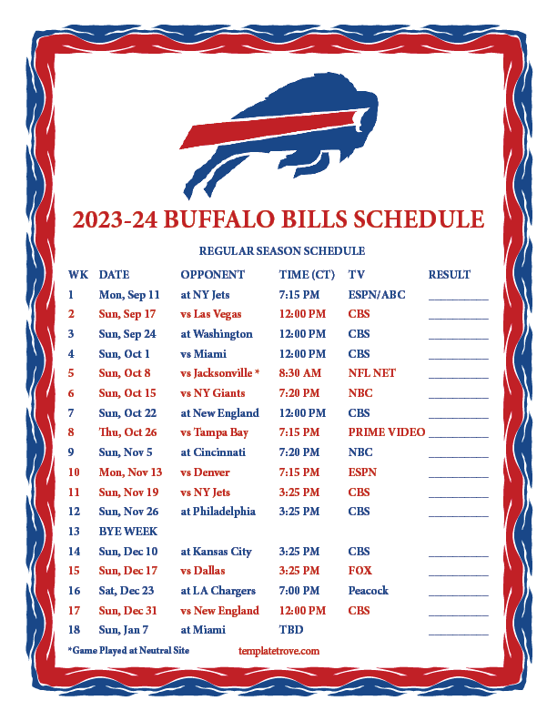 buffalo bills calendar 2023
