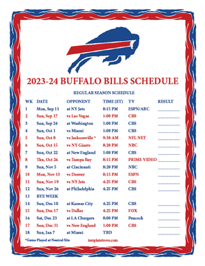 Buffalo Bills 2023-24 Printable Schedule