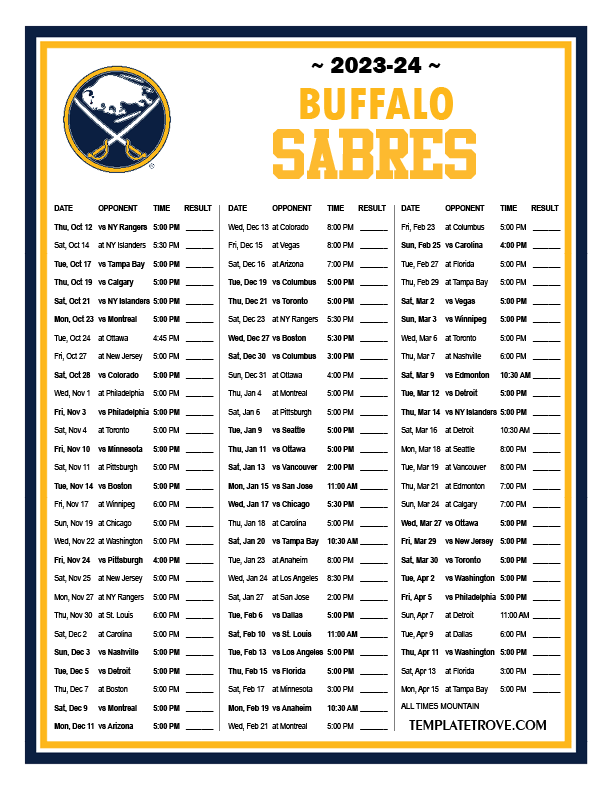 Buffalo Sabres Schedule 202424 Printable Cleo Mellie