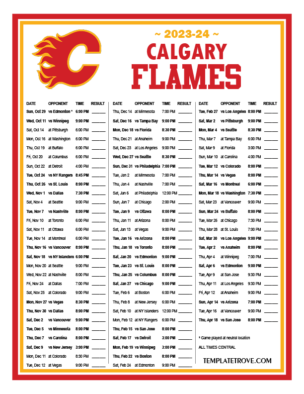 Printable 20232024 Calgary Flames Schedule
