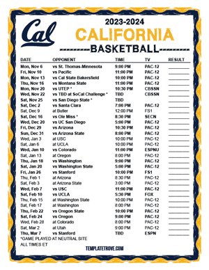 California Golden Bears Basketball 2023-24 Printable Schedule