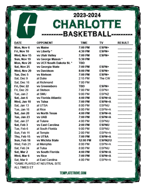 Charlotte 49ers Pirates Basketball 2023-24 Printable Schedule