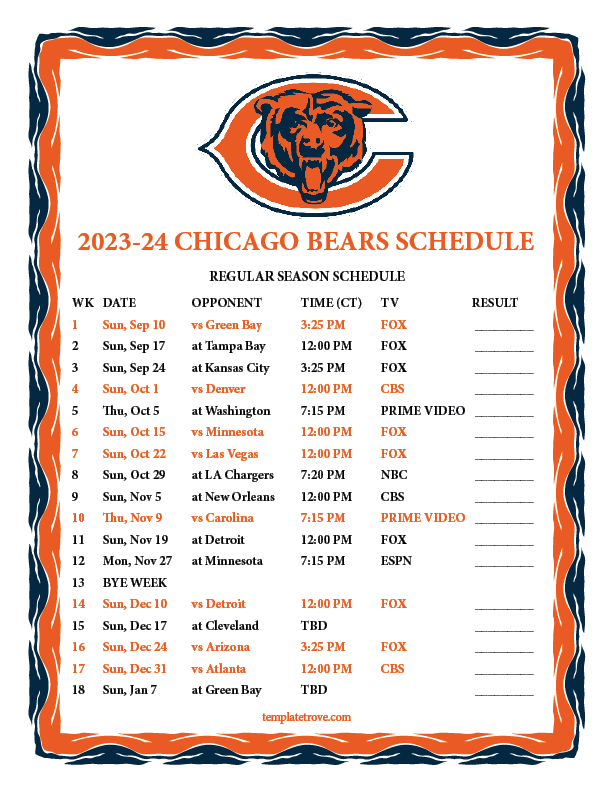 Chicago Bears Schedule 2024 2025 Printable Calendar Brigit Ramonda