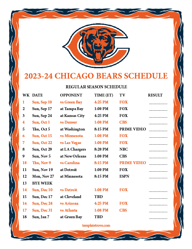 Bears Schedule 2024 Printable Porte Carte