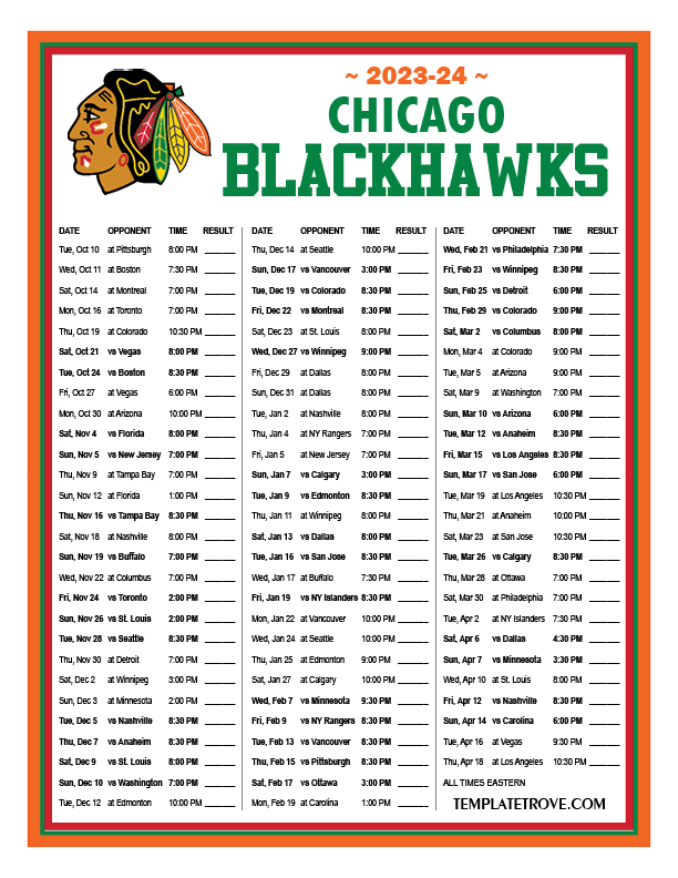 Printable 2023-2024 Chicago Blackhawks Schedule