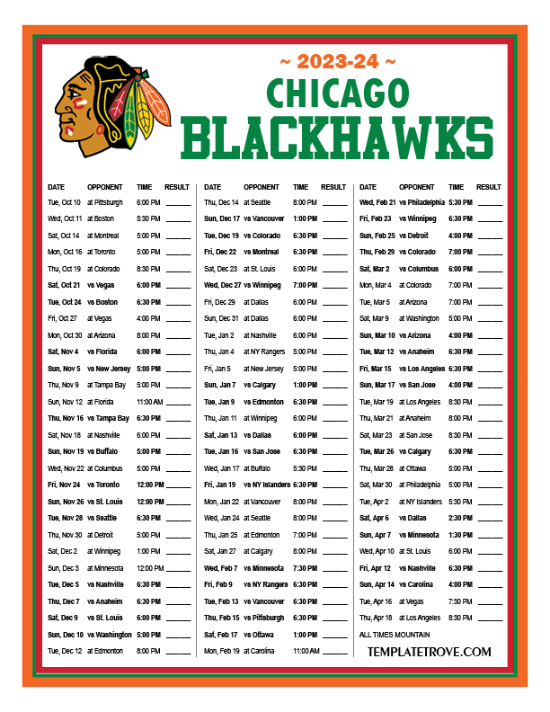 Printable 20232024 Chicago Blackhawks Schedule