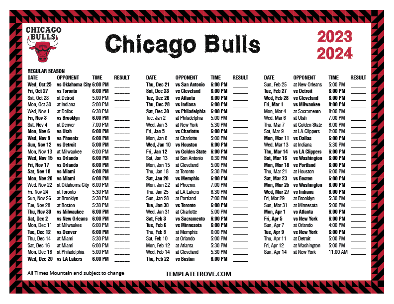Printable 20232024 Chicago Bulls Schedule