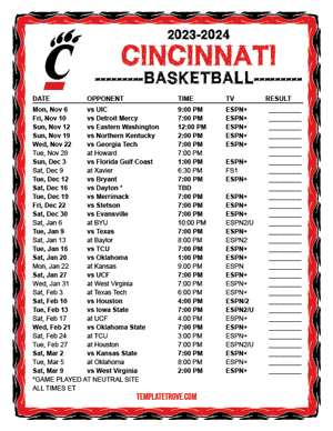 Cincinnati Bearcats Basketball 2023-24 Printable Schedule