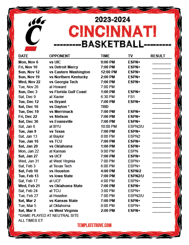 Printable 20232024 Cincinnati Bearcats Basketball Schedule