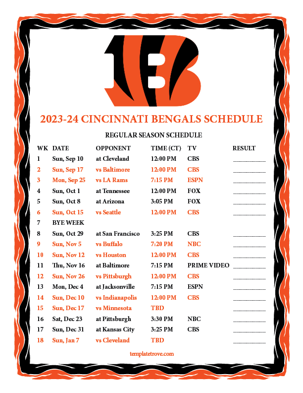 Cincinnati Bengals 2024 Schedule Printable Ardys Brittne