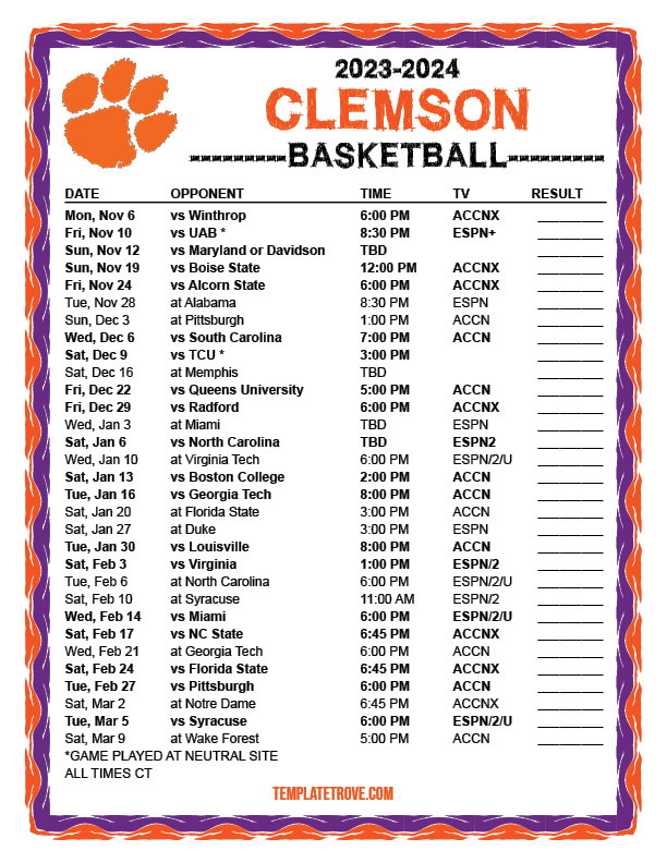 Printable 20232024 Clemson Tigers Basketball Schedule