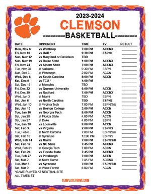 Clemson Tigers Basketball 2023-24 Printable Schedule