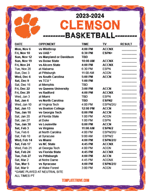 Clemson Tigers Basketball 2023-24 Printable Schedule - Pacific Times