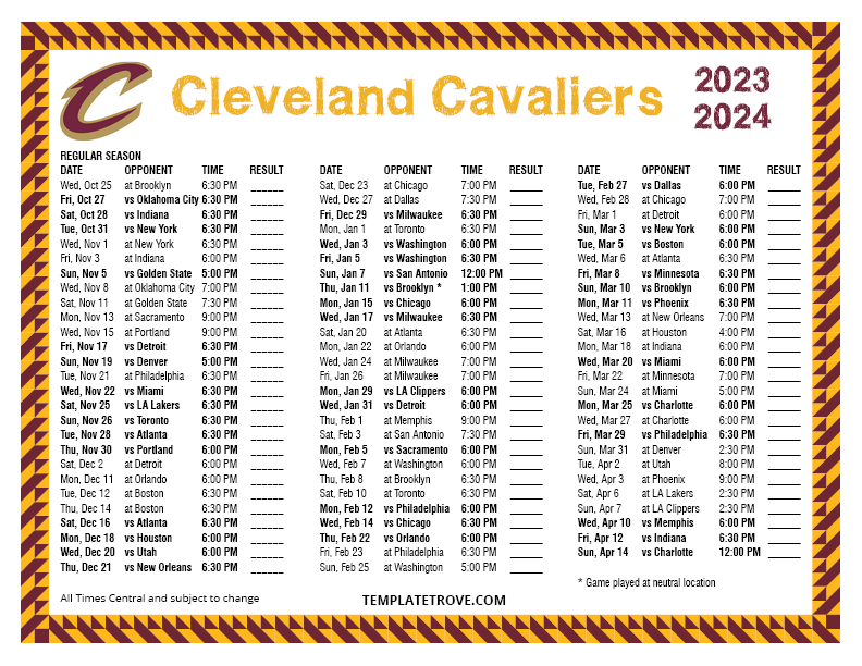 Printable 20232024 Cleveland Cavaliers Schedule