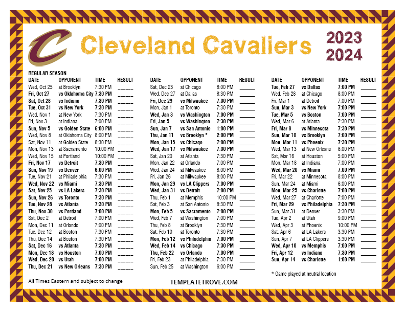 Printable 20232024 Cleveland Cavaliers Schedule